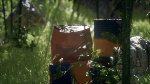 Rusty Barrels in Green Forest
