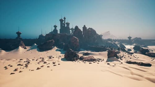 Abandoned Fortress Silhouetted Against Intense Midday Sun on Scorched Dunes