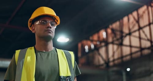 Man, logistics and walking for inspection in warehouse safety, quality control