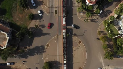 Aerial top shot of a tramway in Casablanca