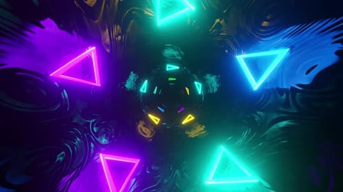 Reflective tunnel with many neon arrows. Looped animation