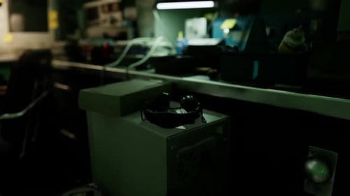 Dark Workspace with Equipment and a Pair of Headphones on a Counter