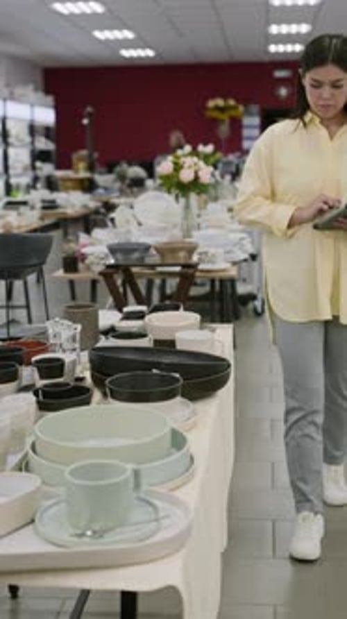 Kitchenware Shop Manager with Tablet Inspecting Merchandise Displays in Showroom