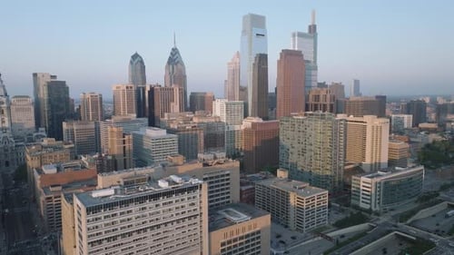 Aerial view of Downtown Philadelphia at dusk