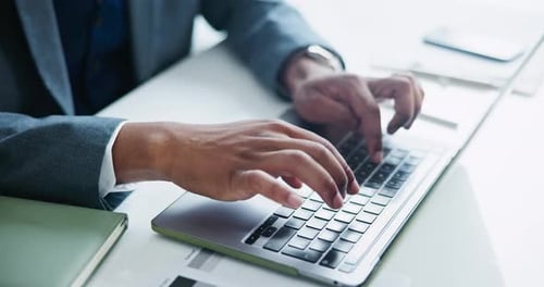 Businessman, hands and typing on laptop with communication for schedule planning