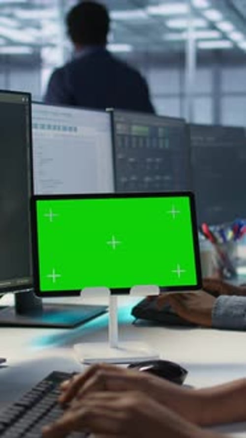 Vertical Video Data Center Software Developers Using Chroma Key Tablet