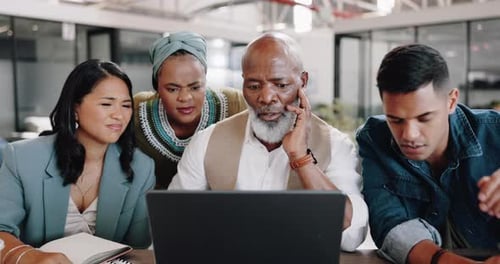 Business people, team and laptop while sad about bad news, disappointed