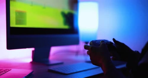 Gamer playing video games on a desktop computer
