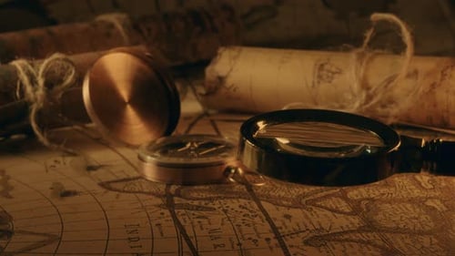 Vintage Map with Compass and Magnifying Glass