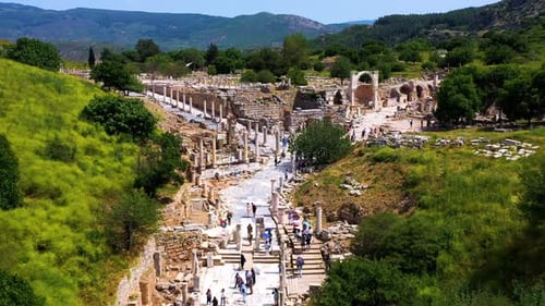 Stunning long aerial shot of the ancient city of Ephesus in Turkey