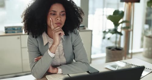 Business, woman and thinking at laptop in office for problem solving, solution