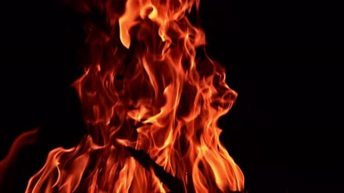 Bonfire flame heating in slow motion. Night fireplace glowing.