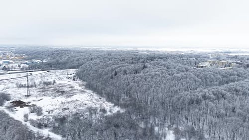 Aerial View of Snow-Covered Forest Landscape in Winter