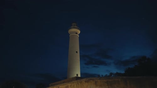 Beam of a Lighthouse in the Night in Sicily Coast