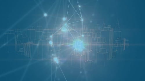 Digital Network Over Wireframe City with Glowing Connections