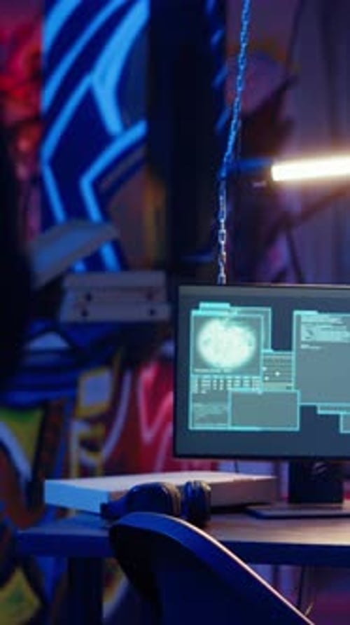 Vertical Video Hacker Arriving with Tablet in Hidden Base Deploying Viruses