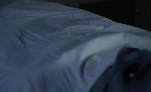 Area 51 Alien Autopsy - visitor on gurney in morgue