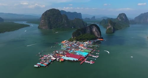 Koh Panyee Village By The Ocean With Scenic Views Of Limestone Islands In Phang Nga Bay, Thailand.