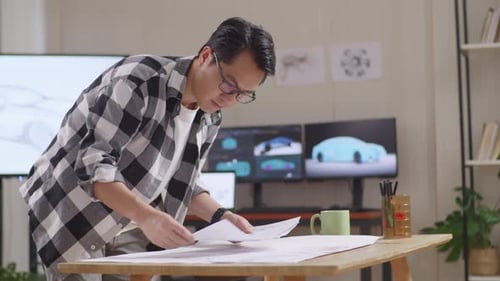 Asian Male Organizing Papers While Working About Car Design Sketch On Table In The Studio