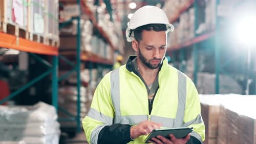 Man, tablet and inspection for logistics in warehouse with inventory checklist