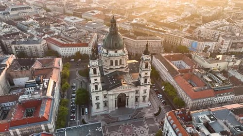 Aerial view of Budapest city skyline and St. Stephen's Basilica at sunrise, Hungary