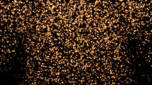 Glowing golden stars with light rays on black background falling down seamless loop 3d render