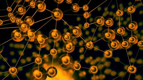 Yellow grid with molecules that rise and fall and made in cartoon animation