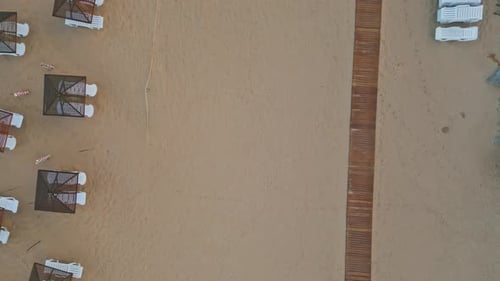 Wooden Path Sandy Beach at Morning Drone View Tropical Summer Resort Top Shot