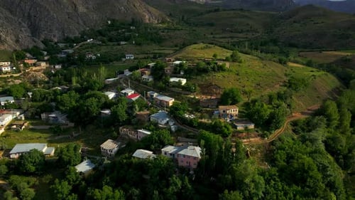 A village with houses and trees in the background
