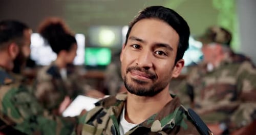 Military, meeting and smile with face of man at headquarters for defense force