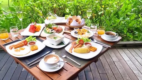 Luxury Breakfast Table on the Beach with Ocean View at the Tropical Island Koh Kood Thailand