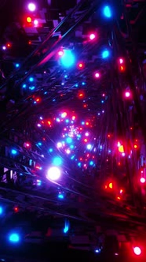 Vertical Glitter triangular tunnel with glass walls with colored glow balls. Vj loop action backgrou