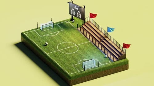 3D Isometric Rendering of Soccer Football Field with Tribune in Stadium