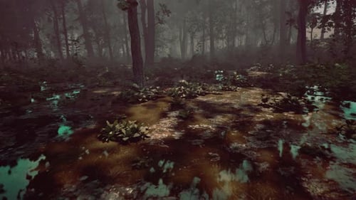 Rays of Light Falling Through the Mist and Trees in the Swamp