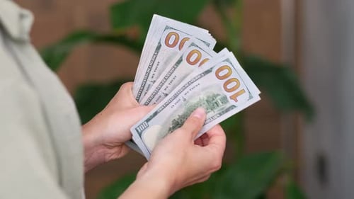 Cropped View Woman Showing Cash Money 1000 American Dollars Banknotes Hands with Money Close Up