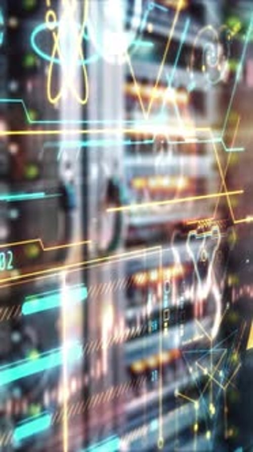 Digital Data Streams in Front of Server Cabinets