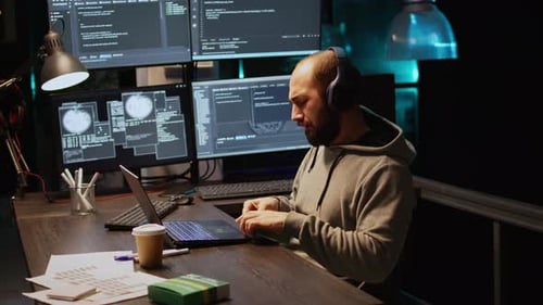 Programmieringenieur nimmt Vitamine und Pillen in einer Schachtel
