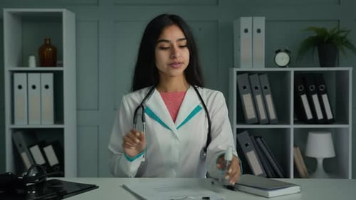 Doctor Woman Young Hospital Worker Cleaning Hands By Sanitizer Use Antiseptic Spray Caring Health