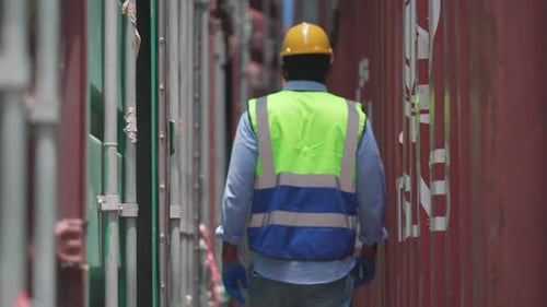 Back of African American foreman or worker walk the way between cargo container tank