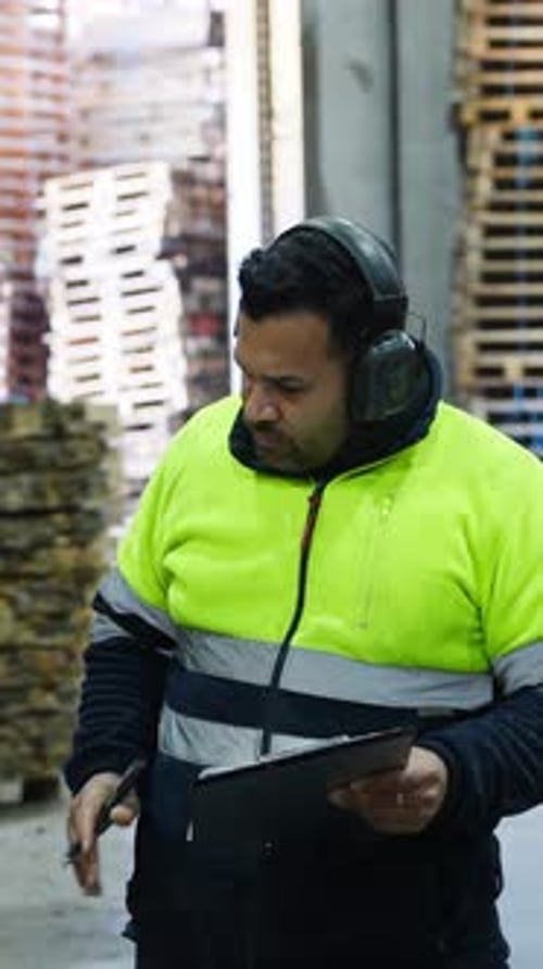 Warehouse Worker Inspecting Pallets in Slow Motion
