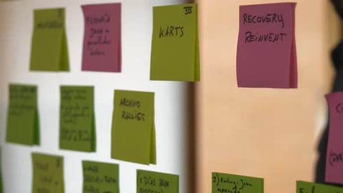 Hand placing pink and yellow sticky notes on vision board mirror, Closeup