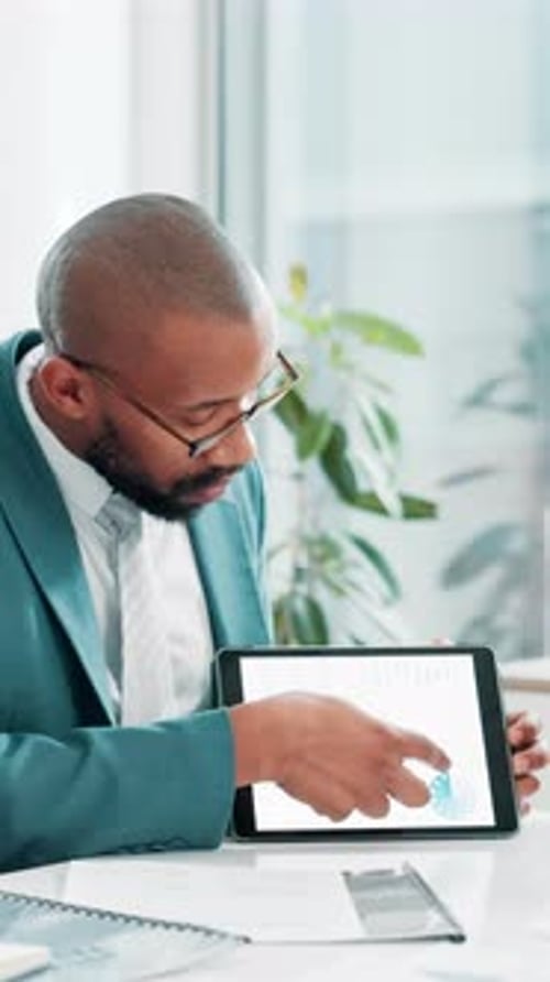 Meeting, screen or black man with tablet for charts, data analytics and graphs for profit