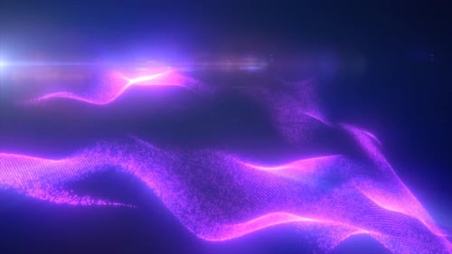 Purple energy waves with light rays and energy particles. Abstract background