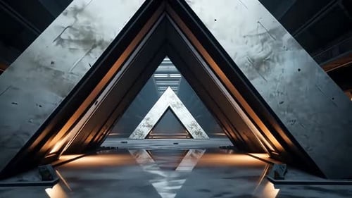 Futuristic triangular corridor with polished concrete and metallic accents