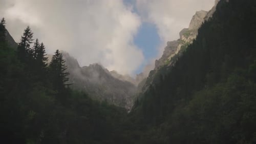 Tilt-up motion revealing a mountain valley with clouds in the background.