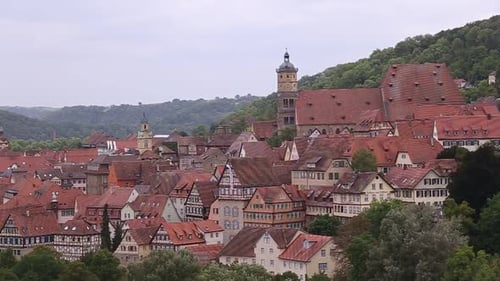 Historical German city Schwäbisch Hall with the St. Michaels Church and a major part of the historic
