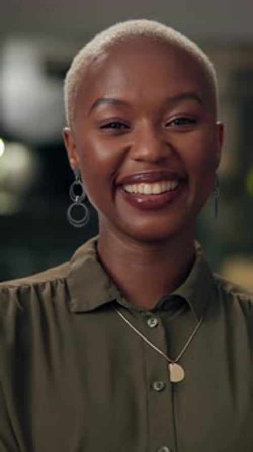 Portrait, black woman and happy in office for business, career success or project deadline at night