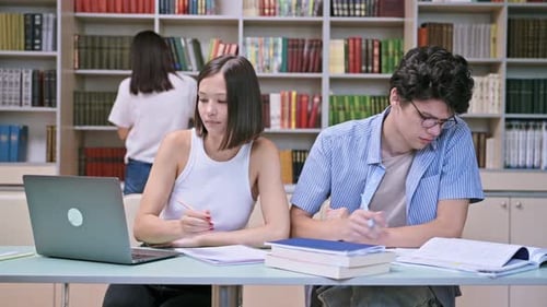 Two Students Sitting in College Library Studying Preparing for Exams