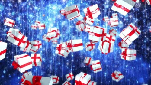 Falling Christmas Gift Boxes Festive Blue Background Loop