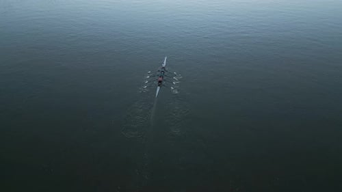 Drone shot of four rowboats sailing fast down the river. Flying above, top-down shot.